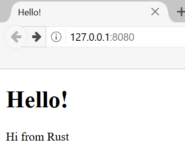 Screenshot of a web browser visiting the address 127.0.0.1:8080 displaying a webpage with the text content “Hello! Hi from Rust”